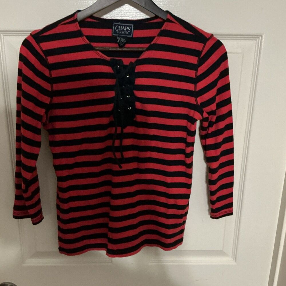Chaps Striped Knit Lace-Up V-Neck Top Red Black 3/4 Sleeve Cotton M